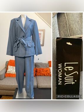 ❣️🆕Le Suit Light Blue Multi Belted Safari Jacket & Kate Pants Suit Set $310 MSRP